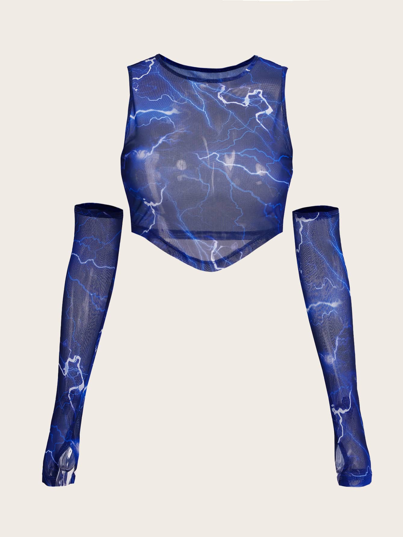 SHEIN ICON Bikercore閃電圖案頭巾下擺網紗上衣帶袖子 - 寶藍色 - 查看 1