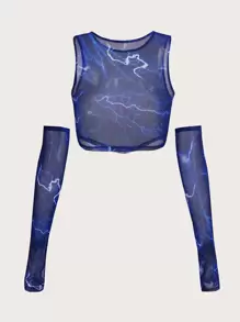 SHEIN ICON Bikercore閃電圖案頭巾下擺網紗上衣帶袖子 - 寶藍色 - 查看 2