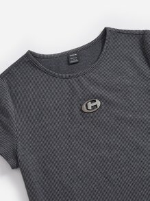 SHEIN EZwear Áo thun nữ Đắp vá Gân đan Lá thư Giải trí - Màu xám đen - Xem 4