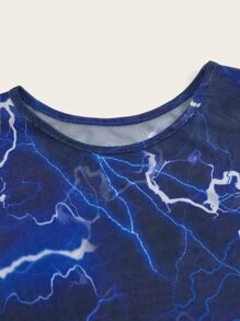 SHEIN ICON Bikercore閃電圖案頭巾下擺網紗上衣帶袖子 - 寶藍色 - 查看 3