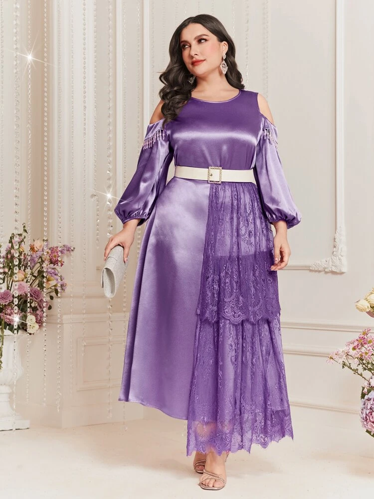 Plus Cold Shoulder Lantern Sleeve Top & Lace Panel Skirt Without Belt