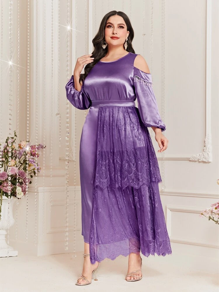 Plus Cold Shoulder Lantern Sleeve Top & Lace Panel Skirt Without Belt