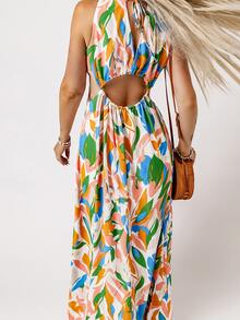 Allover Print Split Thigh Tie Backless Dress