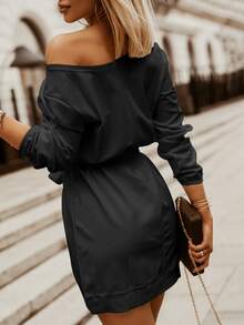 Asymmetrical Neck Belted Sweatshirt Dress - Black - View 2