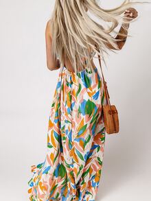 Allover Print Split Thigh Tie Backless Dress