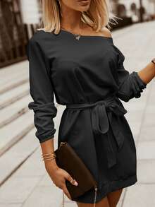 Asymmetrical Neck Belted Sweatshirt Dress - Black - View 3
