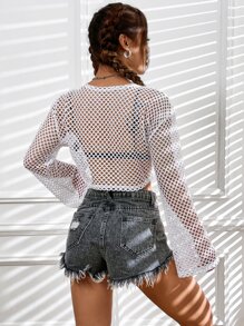 SHEIN ICON Hollow Out Drop Shoulder Crop Top Without Bra - White - View 2