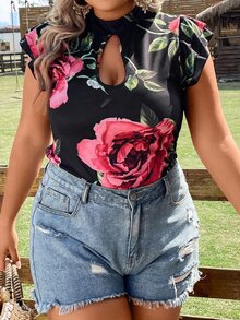 SHEIN LUNE Áo thun Plus size Cắt ra Xù Hoa Giải trí - màu đen - Xem 4