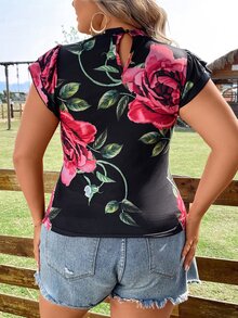 SHEIN LUNE Áo thun Plus size Cắt ra Xù Hoa Giải trí - màu đen - Xem 5