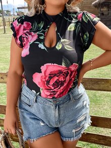 SHEIN LUNE Áo thun Plus size Cắt ra Xù Hoa Giải trí - màu đen - Xem 2