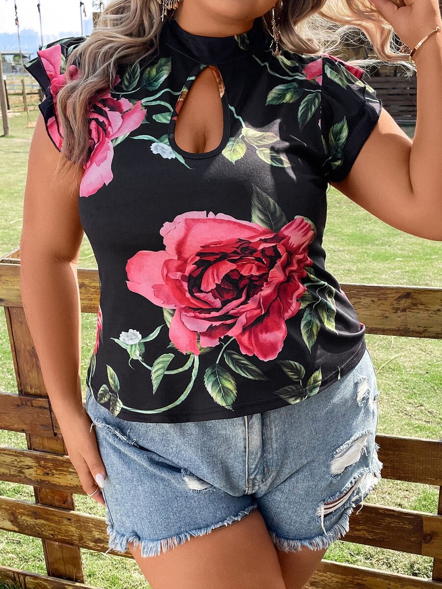 SHEIN LUNE Áo thun Plus size Cắt ra Xù Hoa Giải trí - màu đen - Xem 1