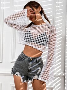 SHEIN ICON Hollow Out Drop Shoulder Crop Top Without Bra - White - View 6