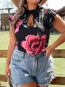 SHEIN LUNE Áo thun Plus size Cắt ra Xù Hoa Giải trí - màu đen - Xem 6