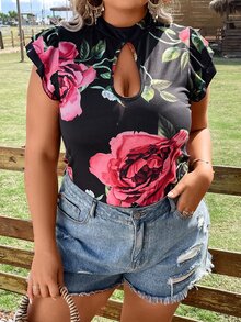 SHEIN LUNE Áo thun Plus size Cắt ra Xù Hoa Giải trí - màu đen - Xem 7