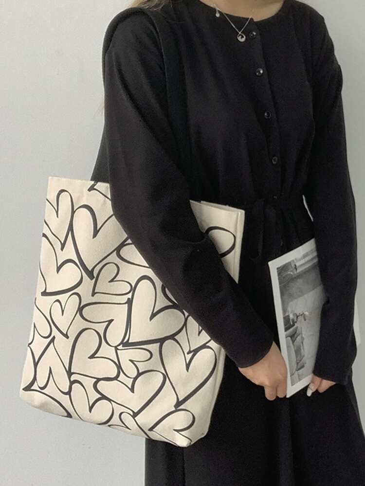 Heart Women Canvas Shoulder Bag Allover Heart Graphic Shopper Bag Shoulder Bag Casual, Minimalist Lightweight, Portable, Large Capacity For Girl, For College Students Gift Bag, Outdoors, Travel, Outings, Shopping, Beach, Holiday Valentines