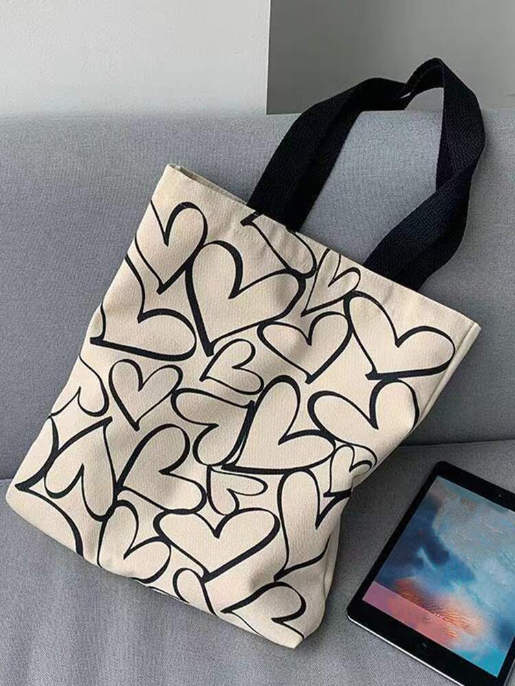 Heart Women Canvas Shoulder Bag Allover Heart Graphic Shopper Bag Shoulder Bag Casual, Minimalist Lightweight, Portable, Large Capacity For Girl, For College Students Gift Bag, Outdoors, Travel, Outings, Shopping, Beach, Holiday Valentines