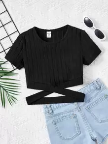SHEIN Tween-Mädchen Einfarbiges T-Shirt mit Rundhalsausschnitt, kurzem Ausschnitt und überkreuzter Taille