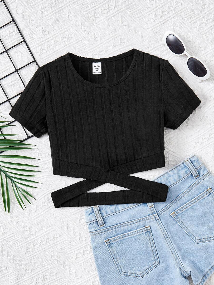 SHEIN Tween-Mädchen Einfarbiges T-Shirt mit Rundhalsausschnitt, kurzem Ausschnitt und überkreuzter Taille