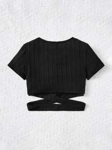 SHEIN Tween-Mädchen Einfarbiges T-Shirt mit Rundhalsausschnitt, kurzem Ausschnitt und überkreuzter Taille