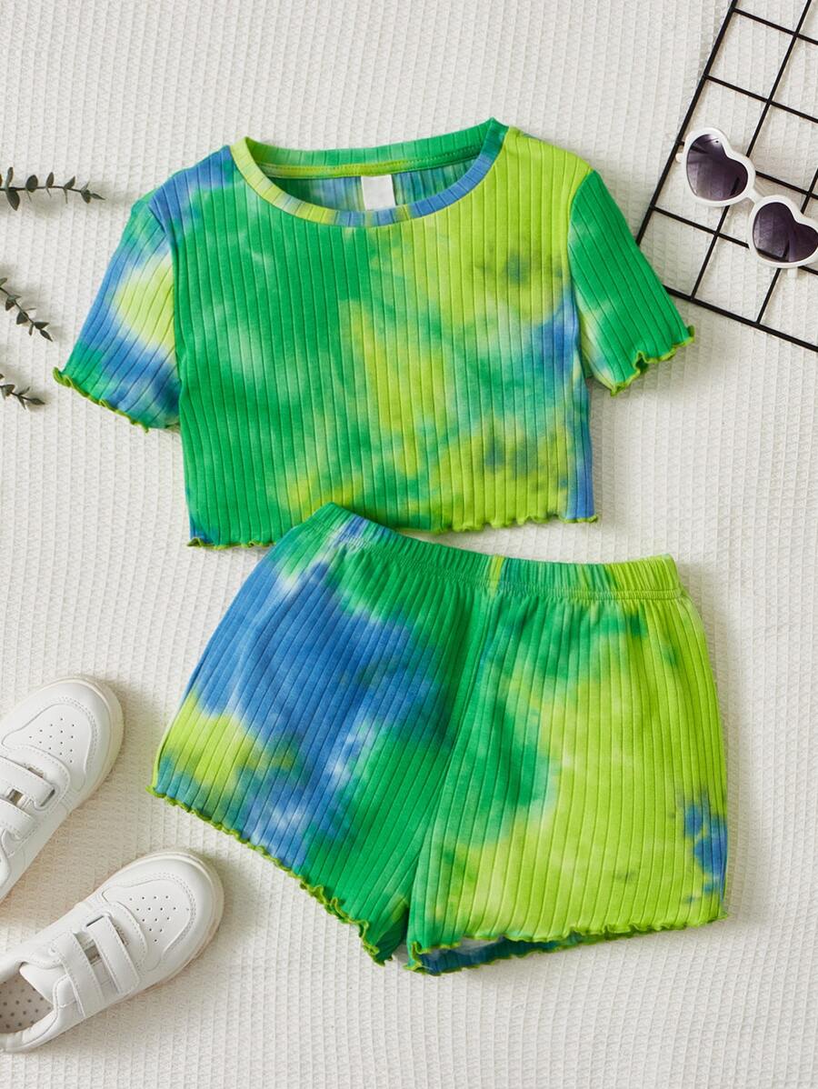 SHEIN Bộ hai mảnh Gái Xù nhỏ Gân đan Cà vạt nhuộm Giải trí - màu xanh lá - Xem 1