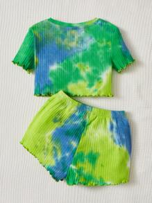 SHEIN Bộ hai mảnh Gái Xù nhỏ Gân đan Cà vạt nhuộm Giải trí - màu xanh lá - Xem 2