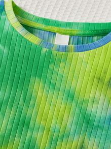 SHEIN Bộ hai mảnh Gái Xù nhỏ Gân đan Cà vạt nhuộm Giải trí - màu xanh lá - Xem 3