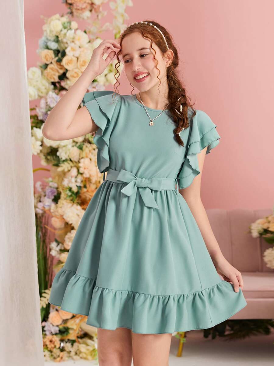 SHEIN Teen Girls Ruffle Trim Belted Ruffle Hem Dress - Mint Green - View 1