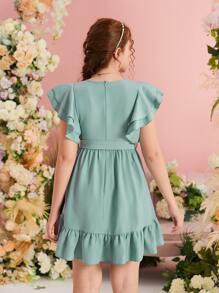 SHEIN Teen Girls Ruffle Trim Belted Ruffle Hem Dress - Mint Green - View 2