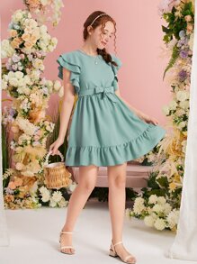 SHEIN Teen Girls Ruffle Trim Belted Ruffle Hem Dress - Mint Green - View 4