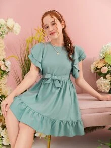SHEIN Teen Girls Ruffle Trim Belted Ruffle Hem Dress - Mint Green - View 6