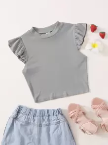 SHEIN Teen Girl Knitted Round Neck  Striped Knit Tee With Ruffled Hem - Light Grey - View 1