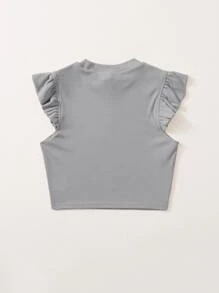 SHEIN Teen Girl Knitted Round Neck  Striped Knit Tee With Ruffled Hem - Light Grey - View 2