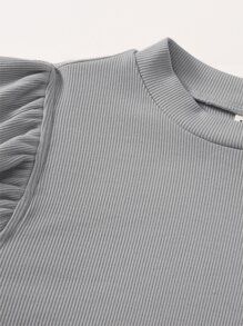 SHEIN Teen Girl Knitted Round Neck  Striped Knit Tee With Ruffled Hem - Light Grey - View 3