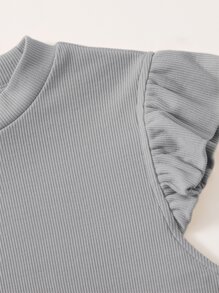 SHEIN Teen Girl Knitted Round Neck  Striped Knit Tee With Ruffled Hem - Light Grey - View 4
