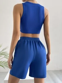 SHEIN EZwear Solid Crop Tank Top & Drawstring Waist Shorts - Royal Blue - View 2
