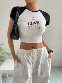 SHEIN EZwear Letter & Star Print Contrast Raglan Sleeve Crop Tee - Black and White - View 1