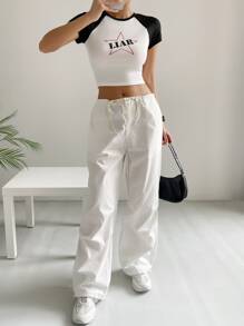 SHEIN EZwear Letter & Star Print Contrast Raglan Sleeve Crop Tee - Black and White - View 4
