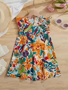 SHEIN Leap Crew Young Girl Summer Print V-Neck Ruffled Hem Dress - Multicolor - View 1
