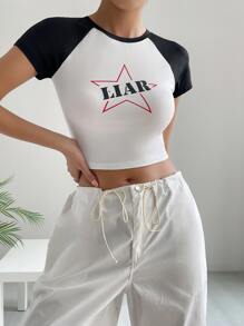 SHEIN EZwear Letter & Star Print Contrast Raglan Sleeve Crop Tee - Black and White - View 6