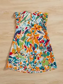 SHEIN Leap Crew Young Girl Summer Print V-Neck Ruffled Hem Dress - Multicolor - View 2