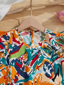 SHEIN Leap Crew Young Girl Summer Print V-Neck Ruffled Hem Dress - Multicolor - View 3