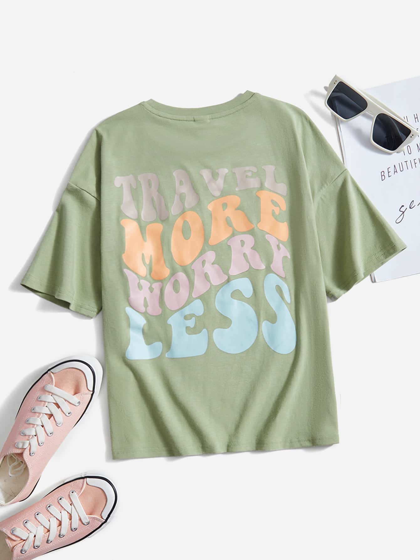 SHEIN Girls Slogan Graphic Drop Shoulder Tee - Olive Green - View 1