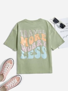 SHEIN Girls Slogan Graphic Drop Shoulder Tee - Olive Green - View 2