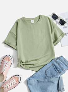 SHEIN Girls Slogan Graphic Drop Shoulder Tee - Olive Green - View 3