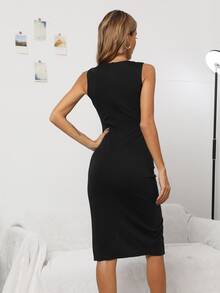 HOMEYEE Solid Ruched Wrap Hem Bodycon Dress - Black - View 2