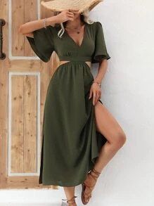 Breezaya 素色腰部鏤空高衩洋裝 - 軍綠色 - 查看 3