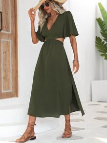 Breezaya 素色腰部鏤空高衩洋裝 - 軍綠色 - 查看 5