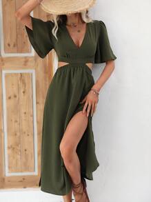 Breezaya 素色腰部鏤空高衩洋裝 - 軍綠色 - 查看 7