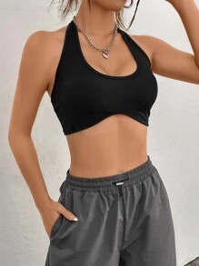 SHEIN EZwear Solid Crop Halter Top - Black - View 2