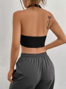 SHEIN EZwear Solid Crop Halter Top - Black - View 3